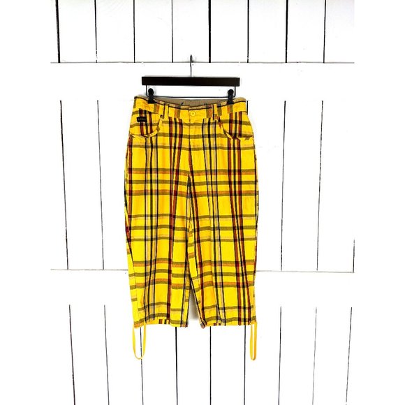90s vintage yellow plaid wide leg cropped cotton high waisted drawstring pants - Picture 1 of 9